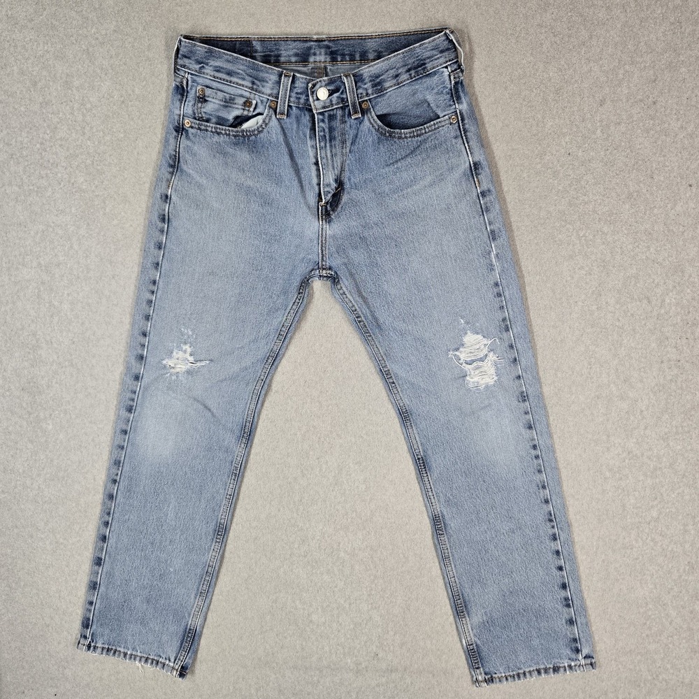 Levi's 505 Men Jeans 31X30 Light Blue Denim Regular Fit Straight Leg Distressed